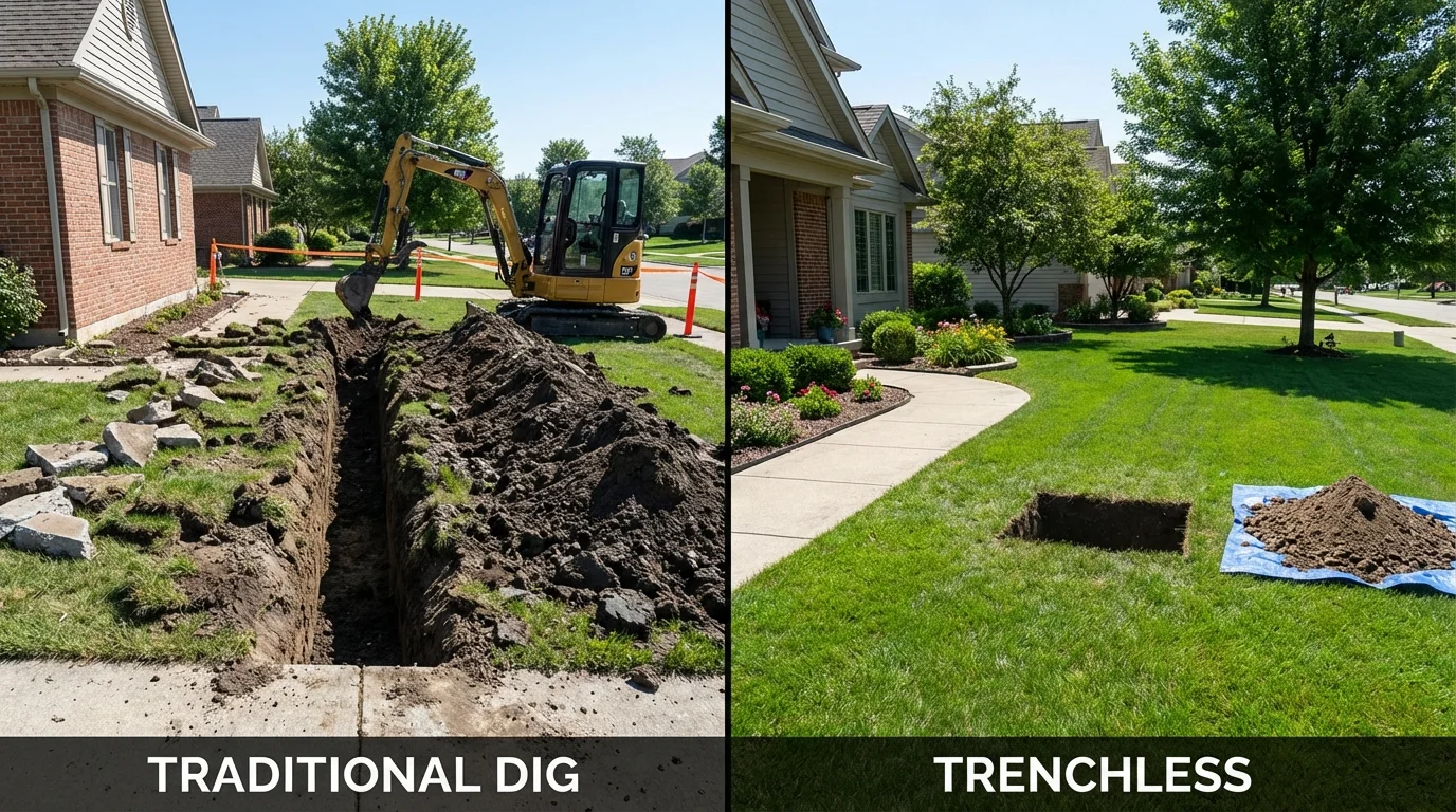 Trenchless sewer repair with minimal yard damage versus traditional excavation in Ellsworth, ME