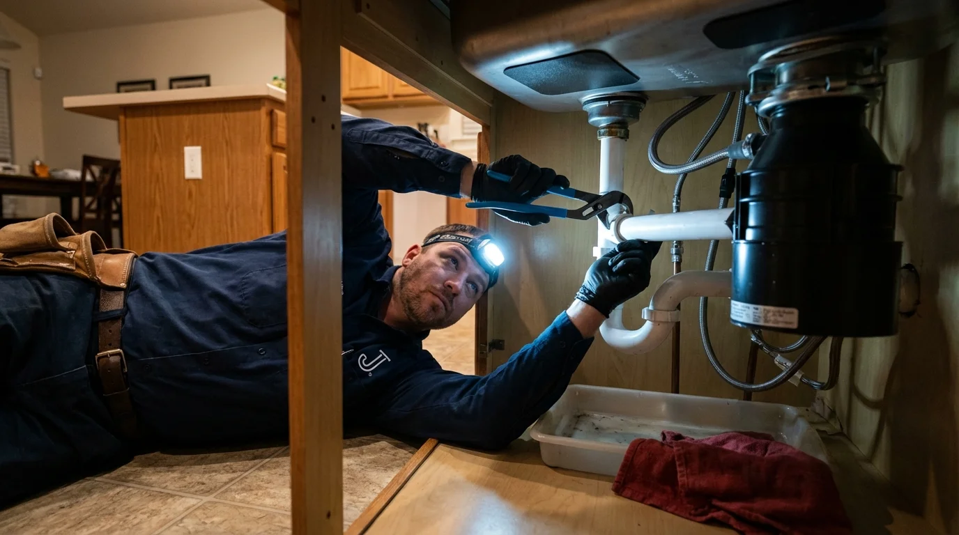 P-trap and supply line connections under a kitchen sink showing a common leak point in Ellsworth, ME